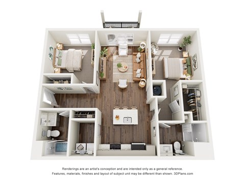 Floor plan for 2 beds, 2 baths, 1047 sqft
